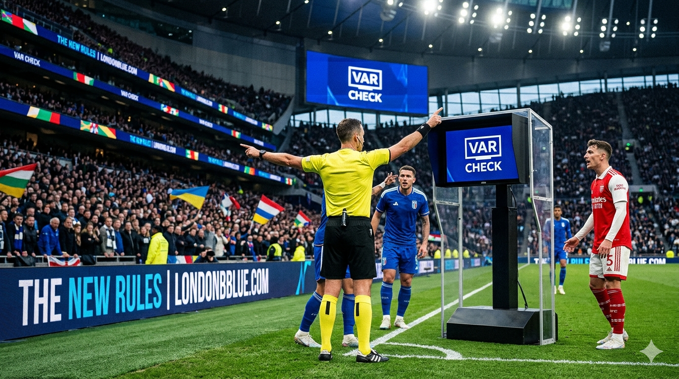 1000598846 A referee pointing to the VAR monitor during a high-stakes international football match.